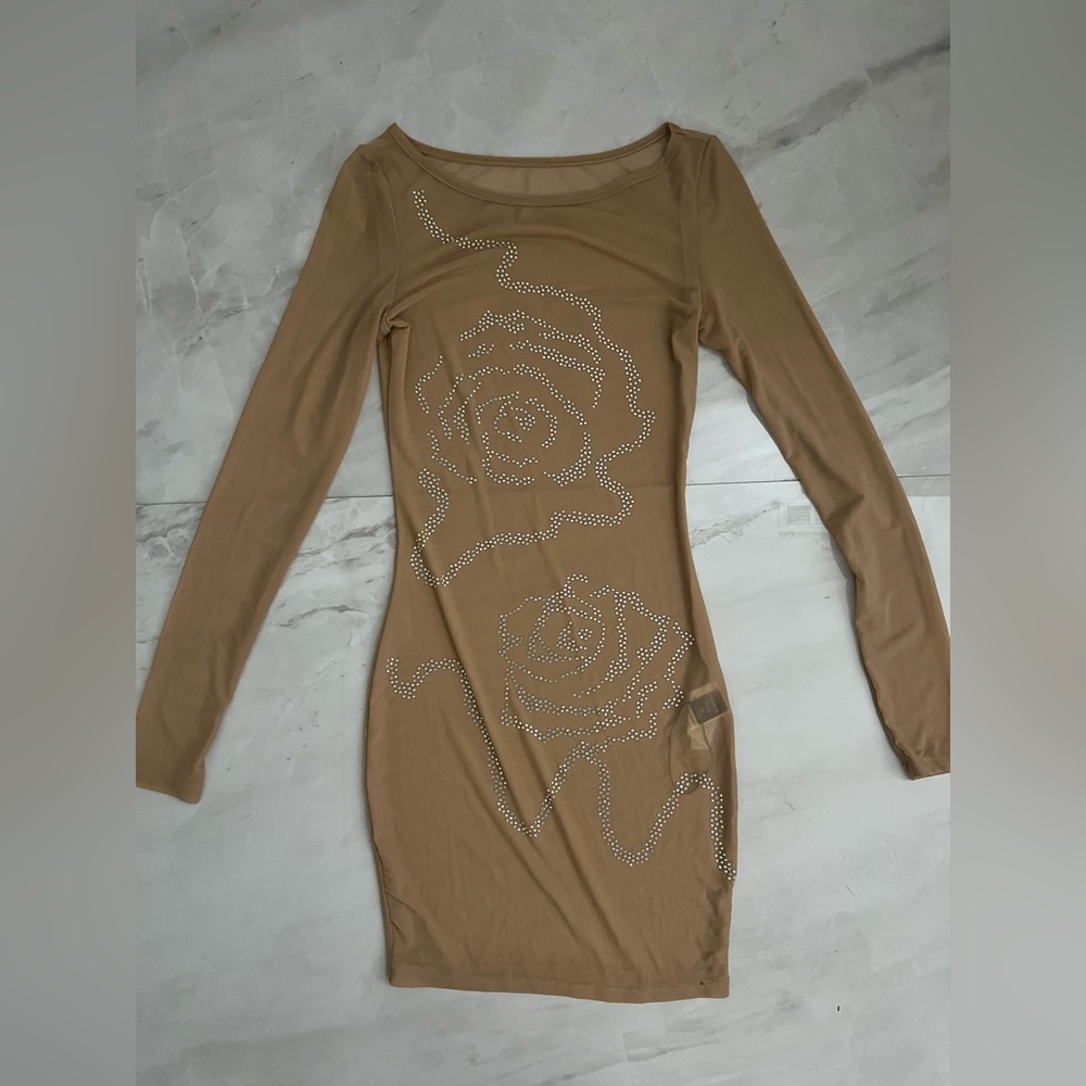 Shein mesh Tan mini bodycon dress with rhinestone rose design